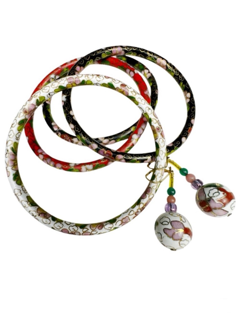 14K Gold Cloisonné Drop Earrings and 4 Bangles Set